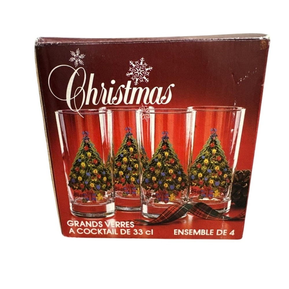 Vintage 1988 Action Christmas Tree Hi Ball Glasses Set‎ 4 MCM USA w/ Box 11 oz